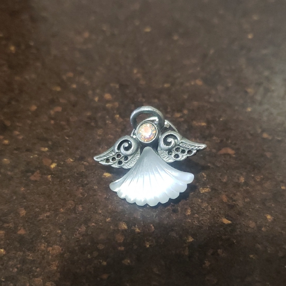 Vintage Olit USA Silver Angel Pendant with White Accents.